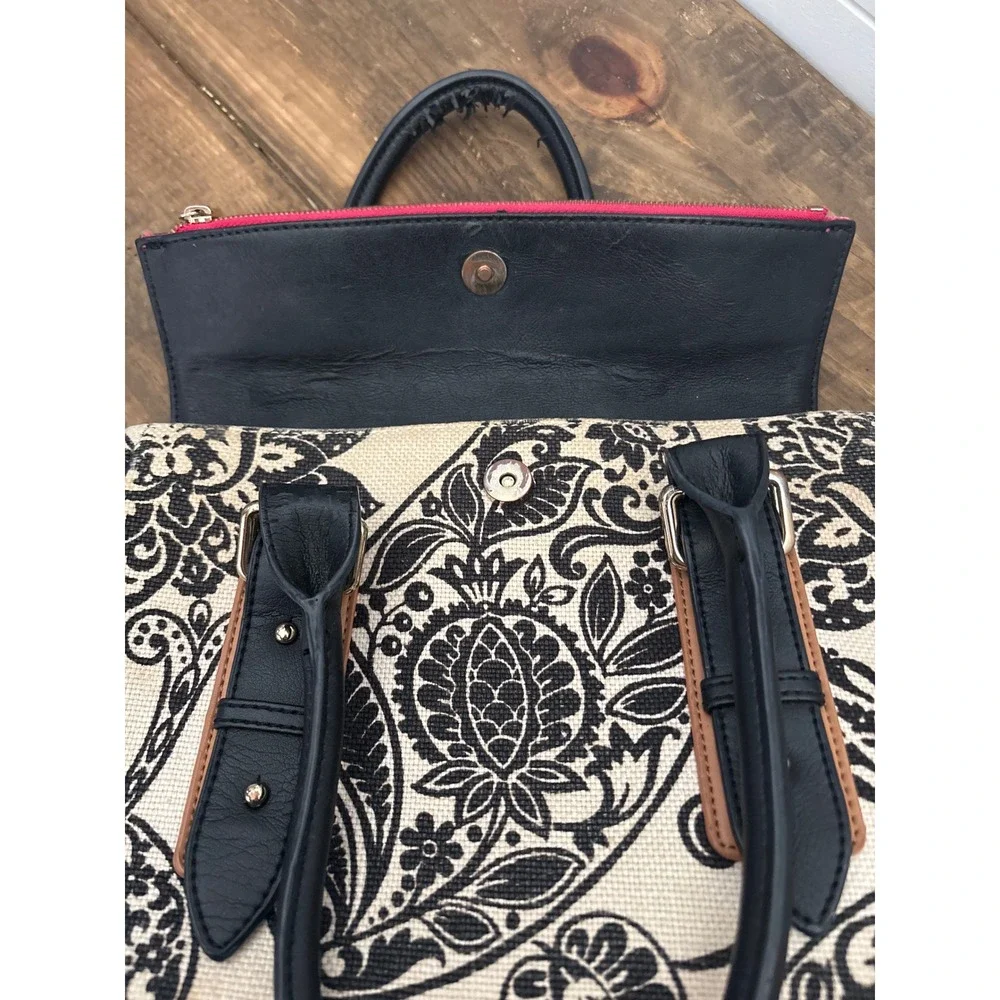 Spartina 449 Satchel Bag Black Cream Paisley Linen Leather Trim Gold Hardware